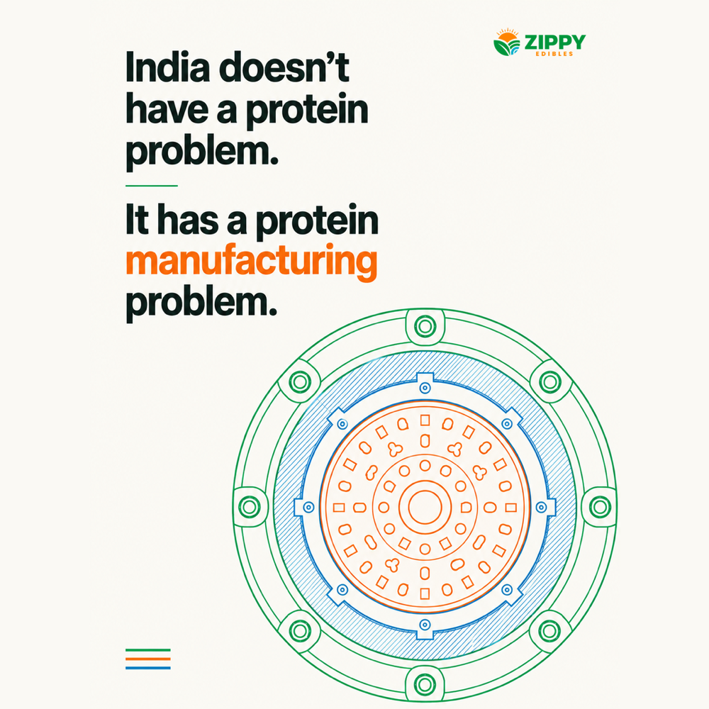 Zippy Edibles field note over a blueprint of an extruder die plate: India doesn't have a protein problem, it has a protein manufacturing problem