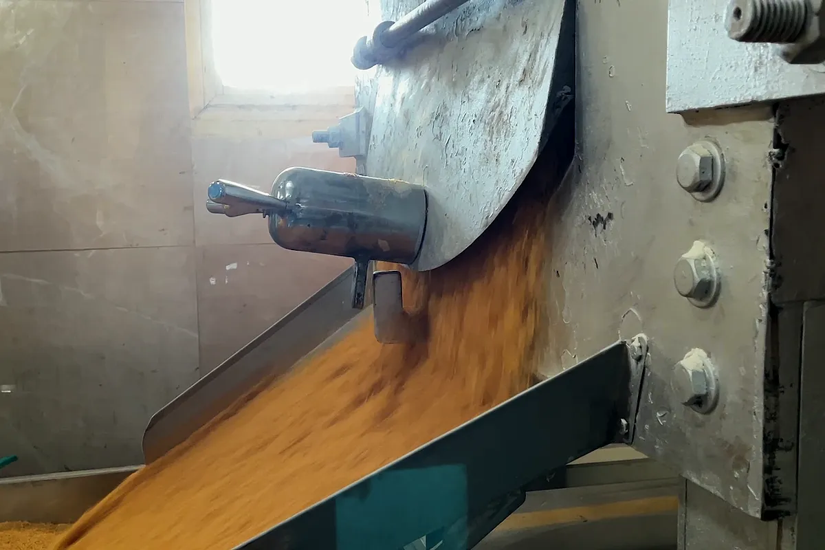 Roasted vermicelli pouring down the chute from the roaster at Zippy's Jaspur plant
