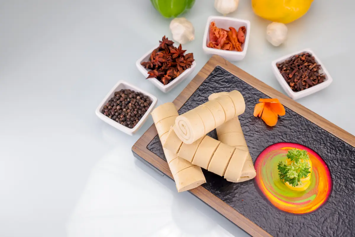 Zippy soya chaap rolls on a serving board
