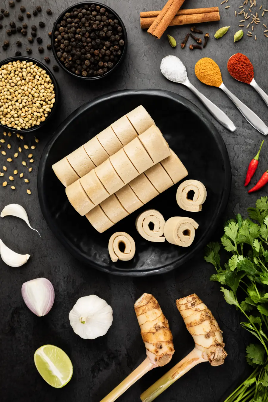 Zippy soya chaap rolls, whole and sliced, on a dark plate